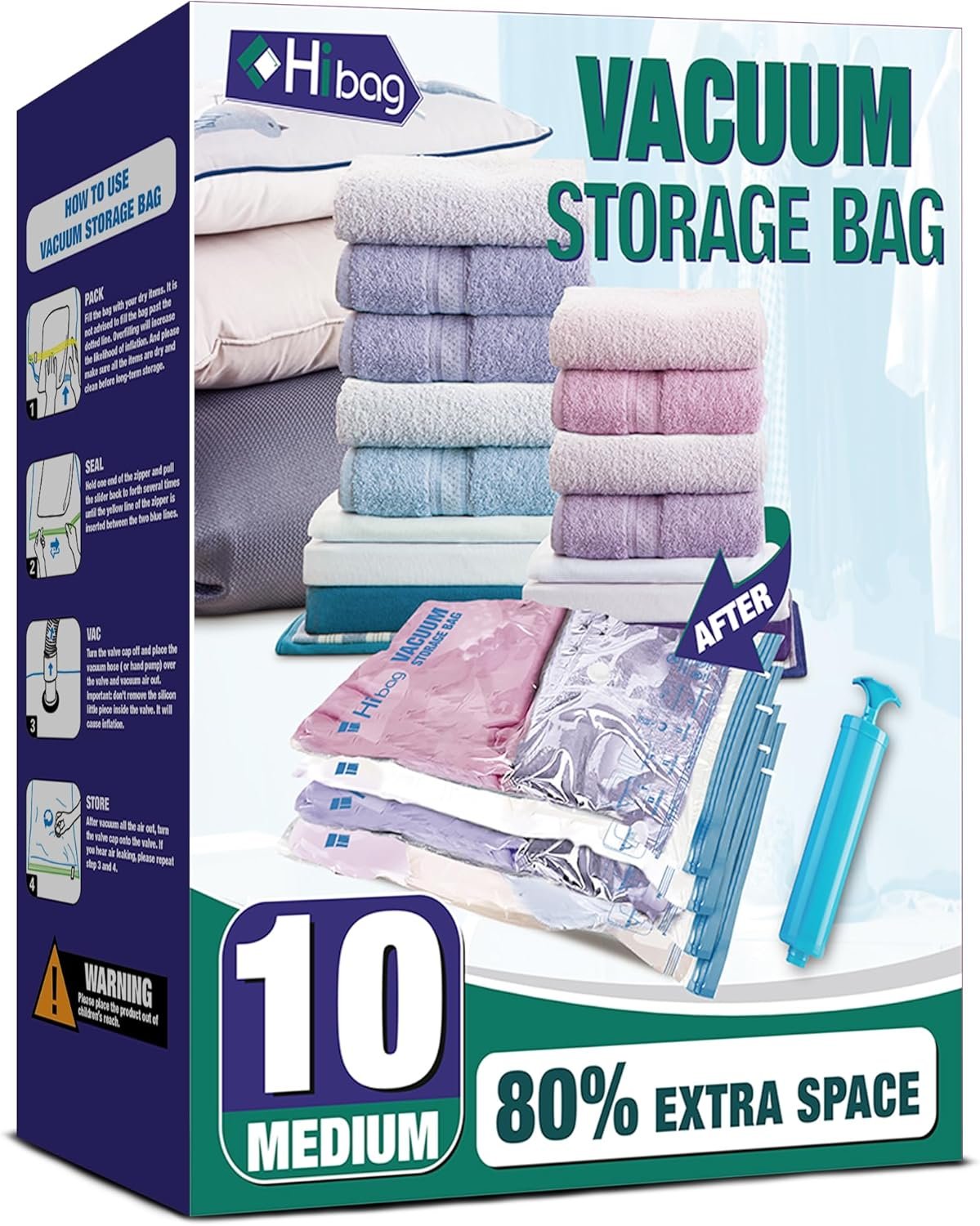 Vacuum Storage Bags, 10 Medium Space Saver Vacuum Seal Bags, Space Bags, Vacuum Sealer Bags for Clothes with Travel Hand Pump (10M)