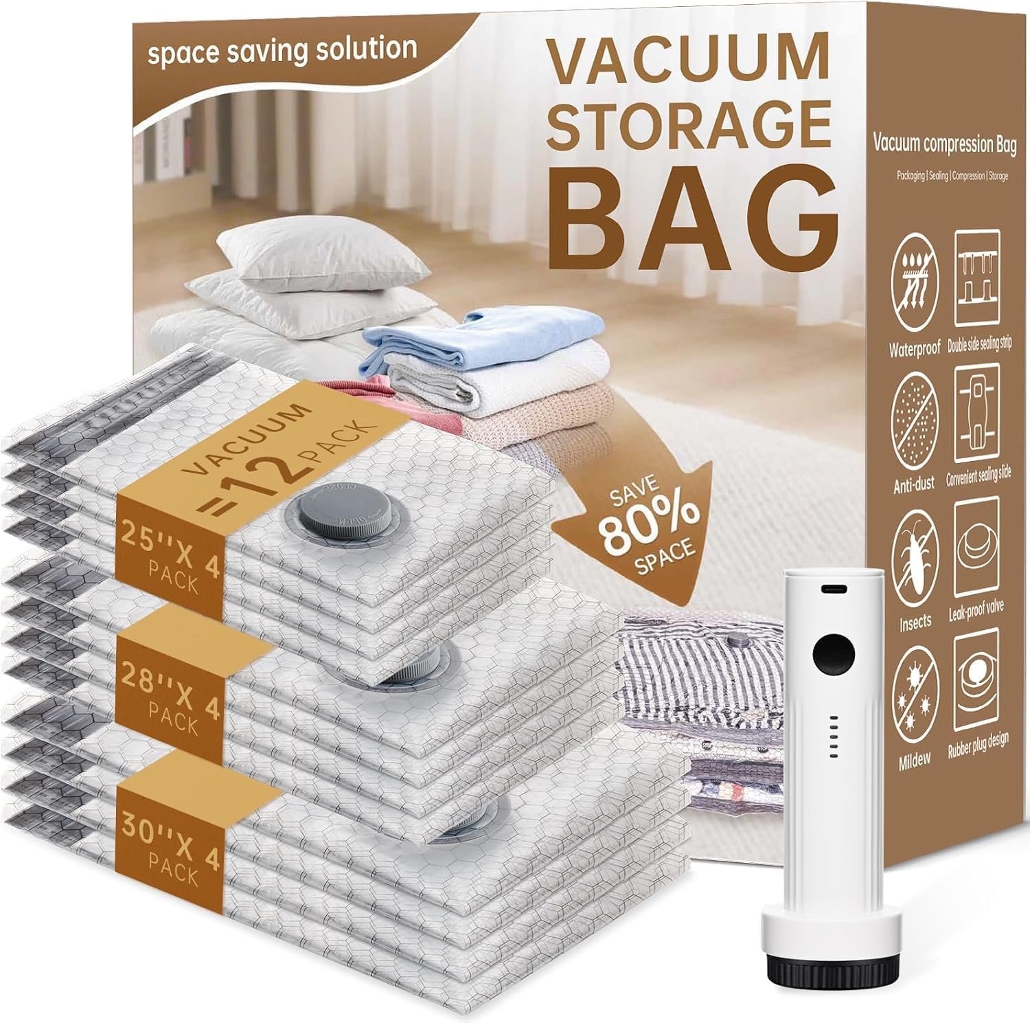 Travel Vacuum Bags for Clothing with Rechargeable Electric Pump – Portable Space Saver Bags for Travel & Home – Vacuum Compression Packing Seal for Clothes, Blankets, Seasonal Storage 12 Combo Set