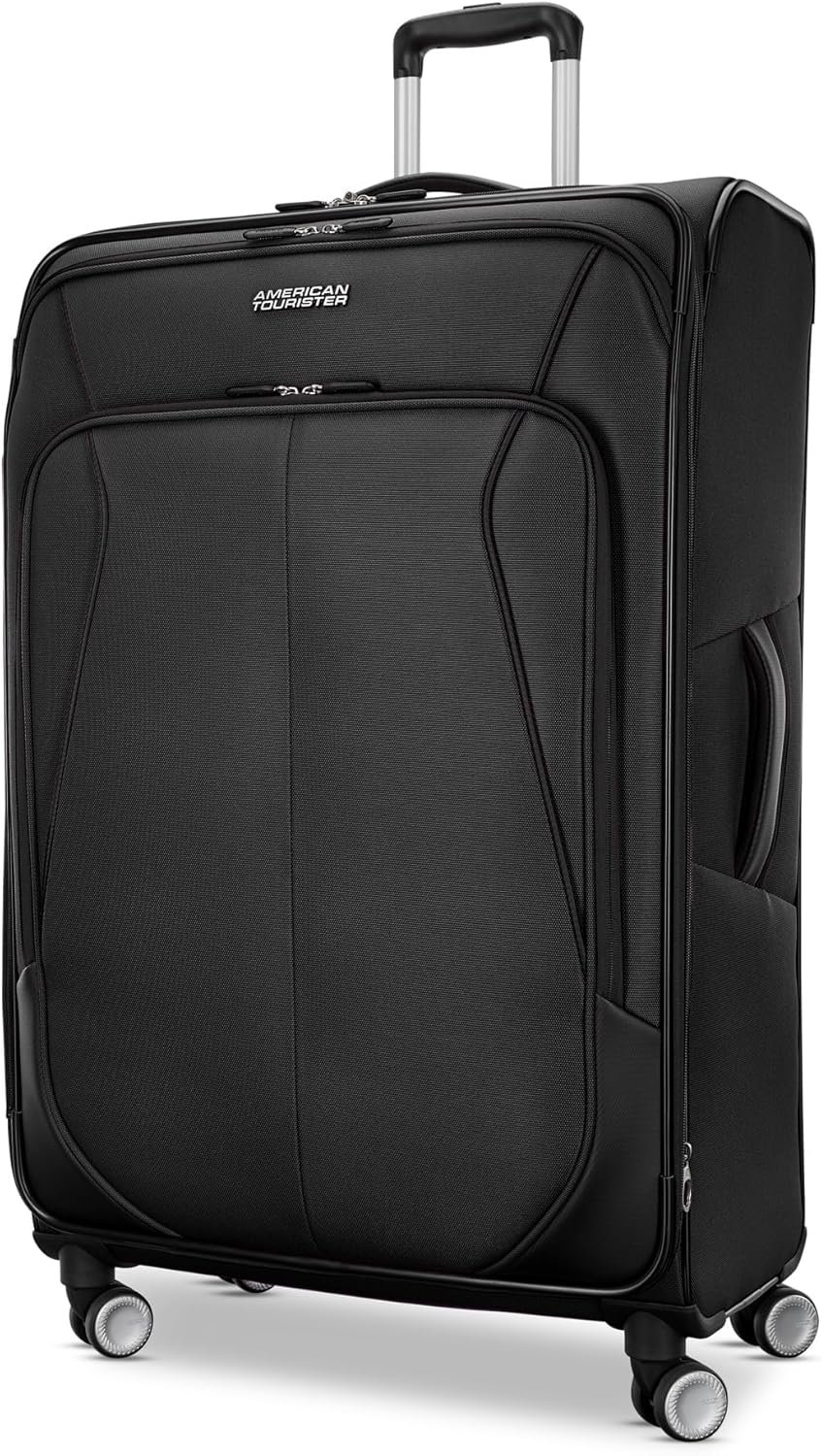 American Tourister 4 KIX 3.0 Checked-Large Softside Expandable Luggage with 4 Spinner Wheels, Black