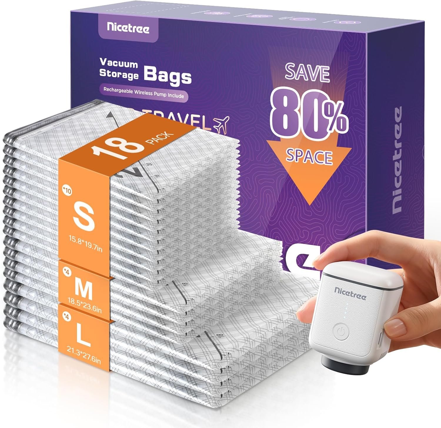 Nicetree 18-Pack Vacuum Storage Bags with Rechargeable Cordless Pump | 3 Sizes (20″, 24″, 28″) Travel Vacuum Seal Bags for Clothing, Bedding & Seasonal Storage | Space Saver for Luggage