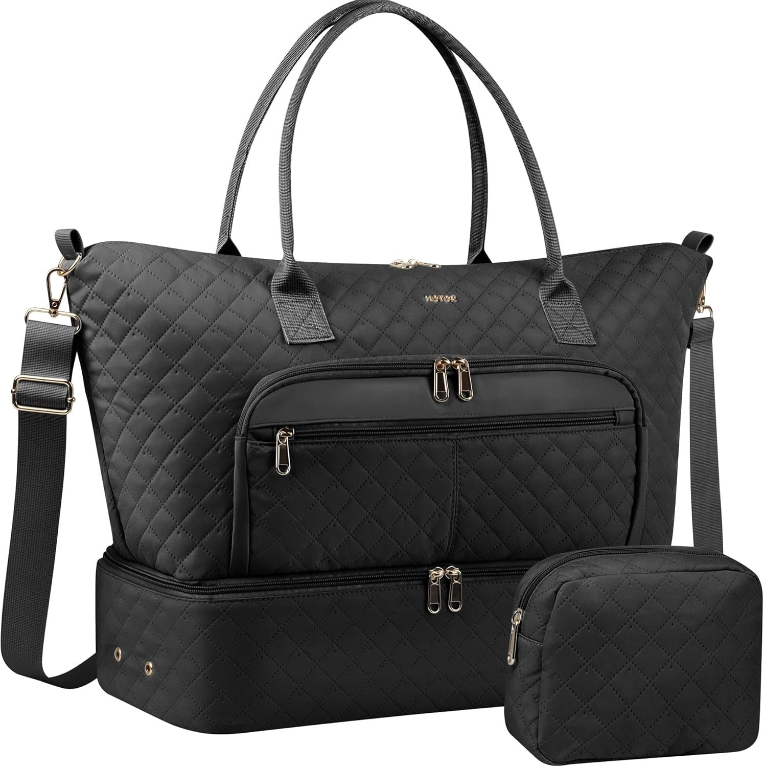 HOTOR Travel Duffle Bag for Women – Carry on Bag with Toiletry Pouch & Shoe Compartment, Large Overnight Weekender Bags for Gym, Business Trips, Sports and Hospital, Black, 17.3″ x 7.9″ x 13.4″