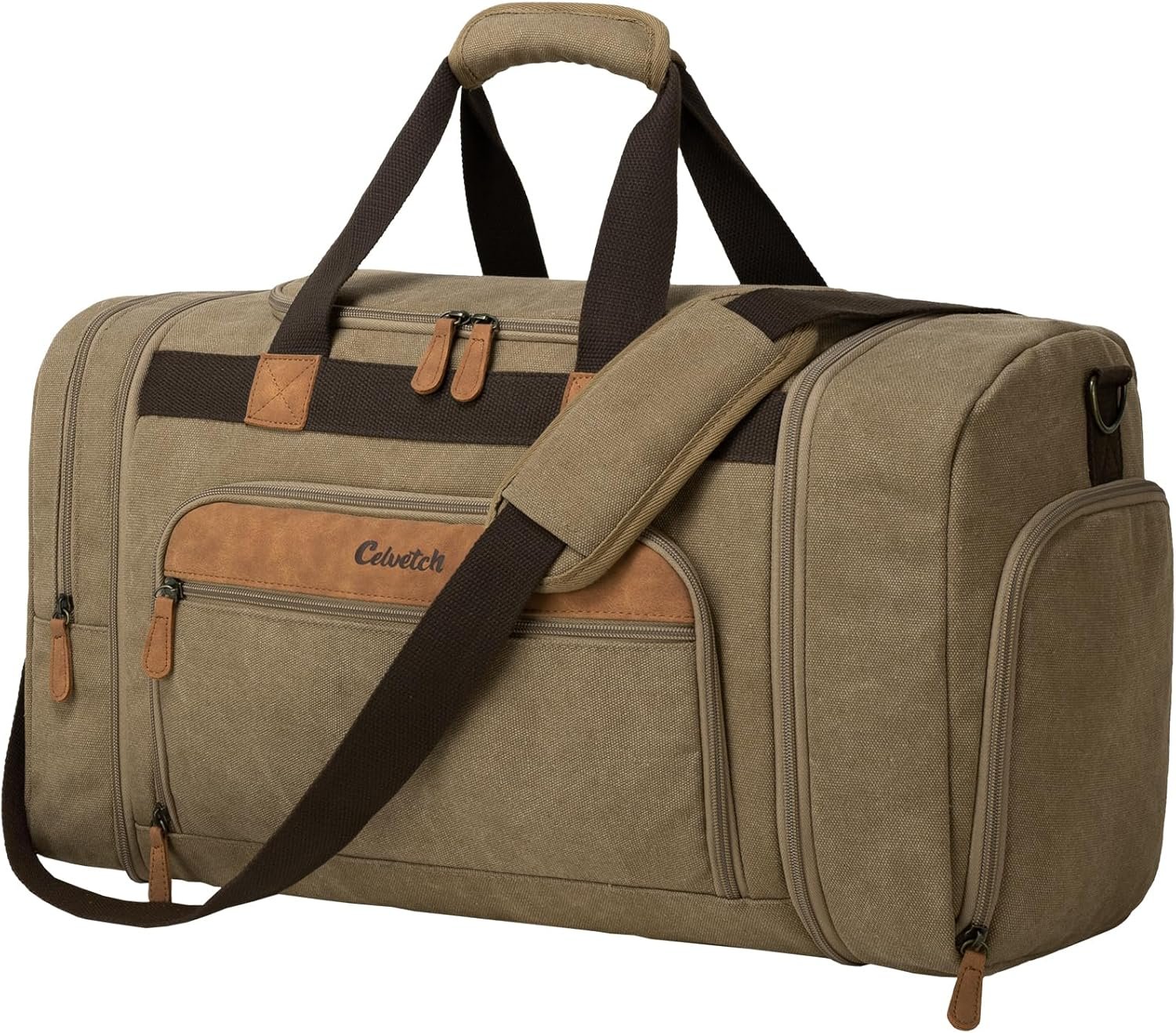 Canvas Duffle Bag for Travel 50L Expandable Travel Duffel Bags for Men Women Weekender Overnight Bag with Shoes Compartment – Brown