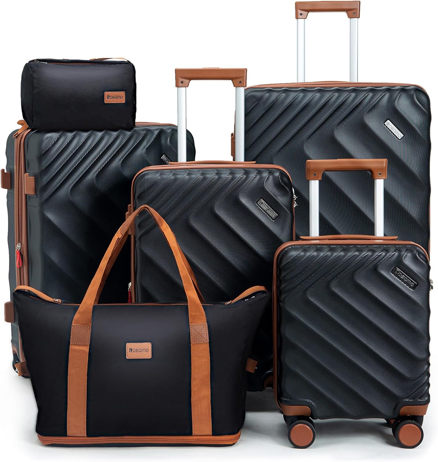 Rosamo 6 piece Luggage Set Expandable Suitcase 22x14x9 Airline Approved Carry on, ABS Hard Case Suitcases with Spinner Wheels, TSA Lock, (Black)