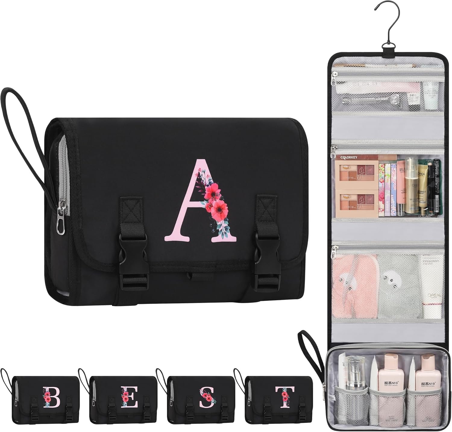 Relavel Birthday Gifts for Girls Women – Hanging Toiletry Bag for 13 14 15 16 17 18 Years Old Teen Initial Makeup Bag for Teacher Graduation Gift, Personalized Travel Cosmetic Bags – Black A