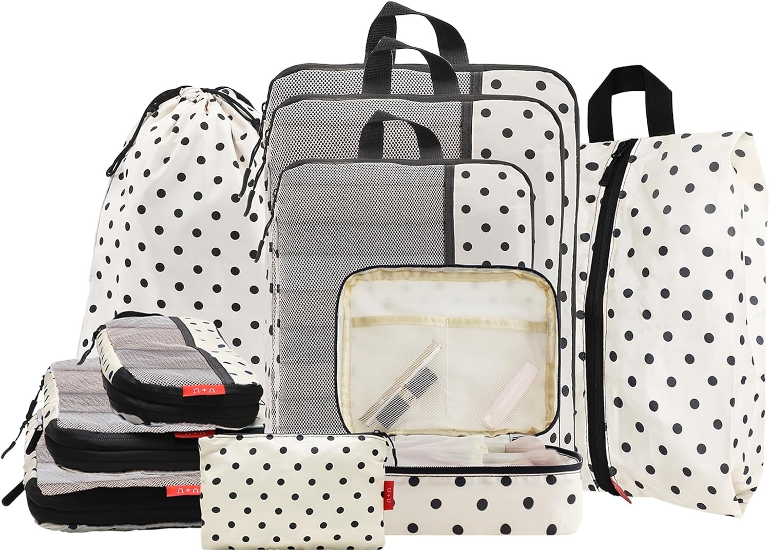 U+U 10 Set Compression Packing Cubes – Travel Organizers with Laundry Bag, Space-Saving Suitcase Organizer, Expandable Packing Organizers for Travel Essentials (Polka Dot)