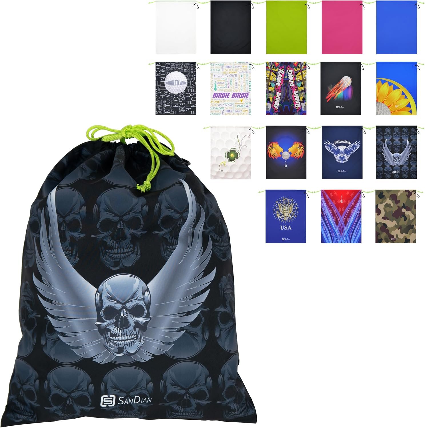 SANDIAN, Golf Shoes Waterproof Pouch Bag Stuffer, Packing Storage Bag, Drawstring Rope Closures, Sublimation Dye Prints, Durable PU Coatings, Weather Resistant, Large Capacity, Carabiner Included