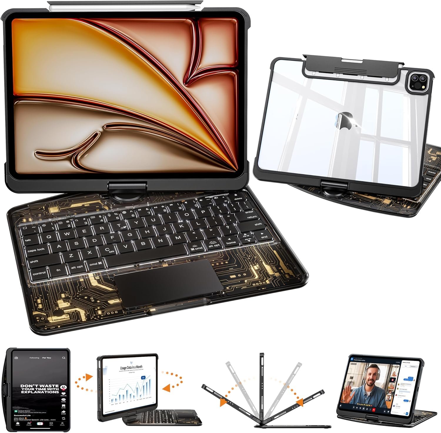 Transparent Keyboard Case for iPad Air 13″ M2/M3/M4 & iPad Pro 12.9″ 3rd-6th Gen – Magic Keyboard with Shortcuts, Multi-Touch Trackpad, 360° Rotatable, 7-Color Backlit, Pencil Holder, Black