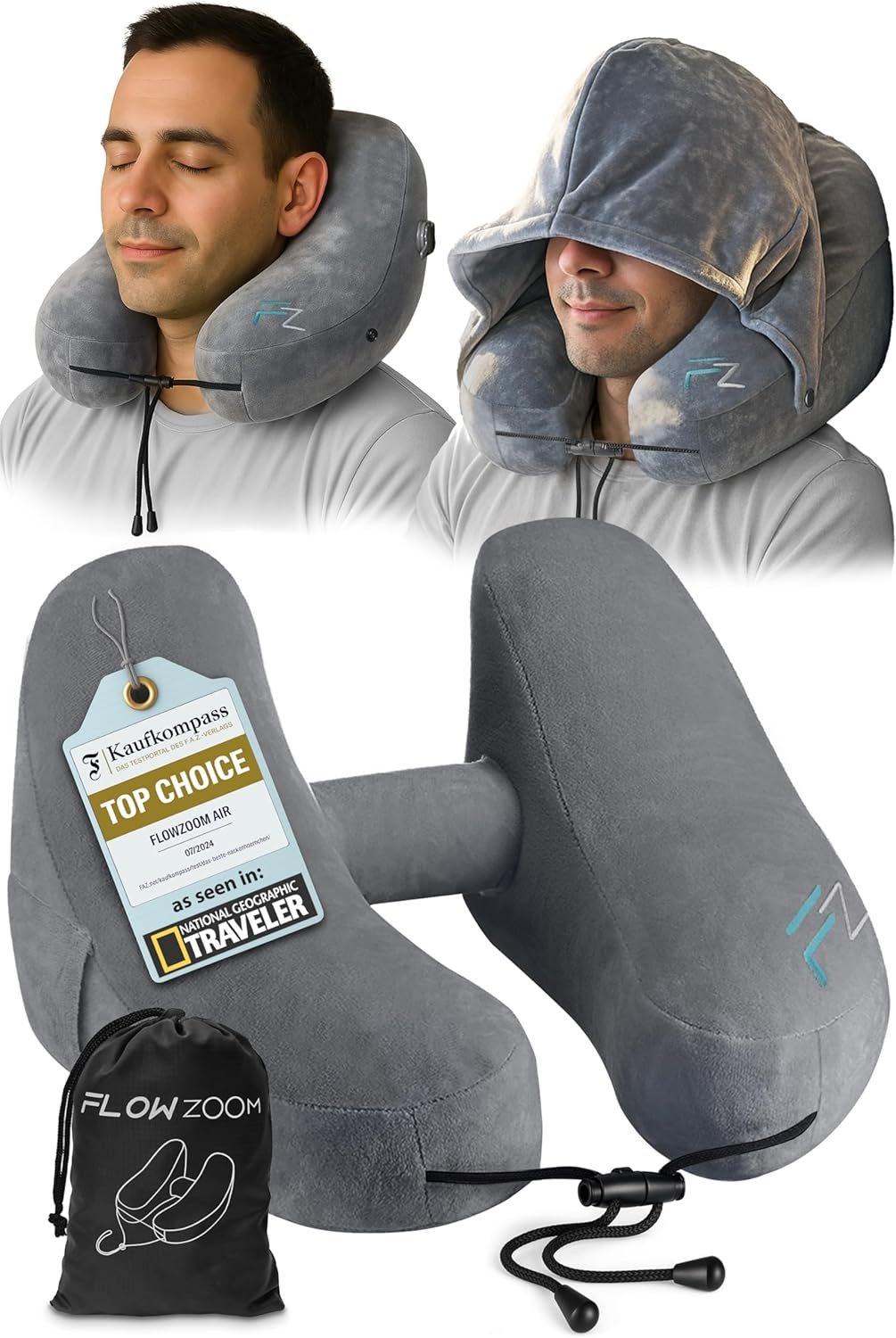 FLOWZOOM Air Inflatable Neck Pillow for Traveling on Plane – H-Shape Hooded Travel Pillow with 5 Snooze Modes, Fast Inflation, Pressure Control, Cozy Clip-On Hood & Plushy Cover – Size L, Silver Gray
