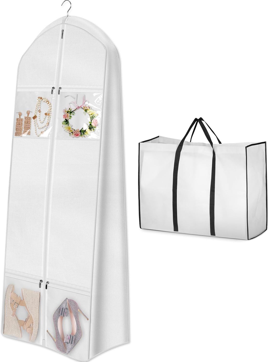 MISSLO Portable 70″ Wedding Dress Garment Bag with Bride Tote Bag 8” Gusseted Dress Bags for Gowns Long 4 Pockets Dress Cover for Women, White