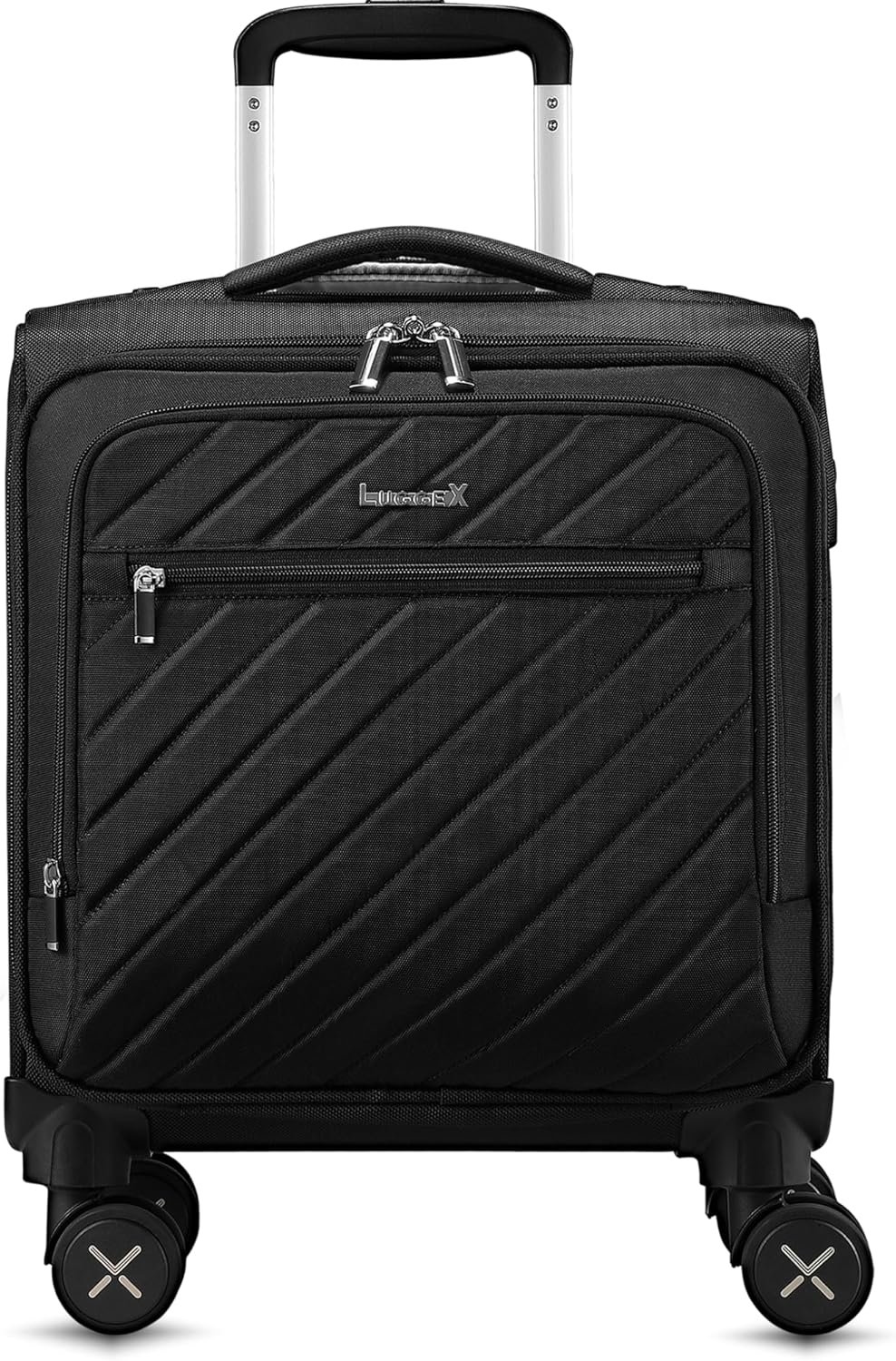 LUGGEX Carry On Luggage with Spinner Wheels – Stylish Lightweight UnderSeat Luggage – Soft Sided Small Suitcase with Front Open Design for Travel, Business (UX-Core, Black, 15 Inch)