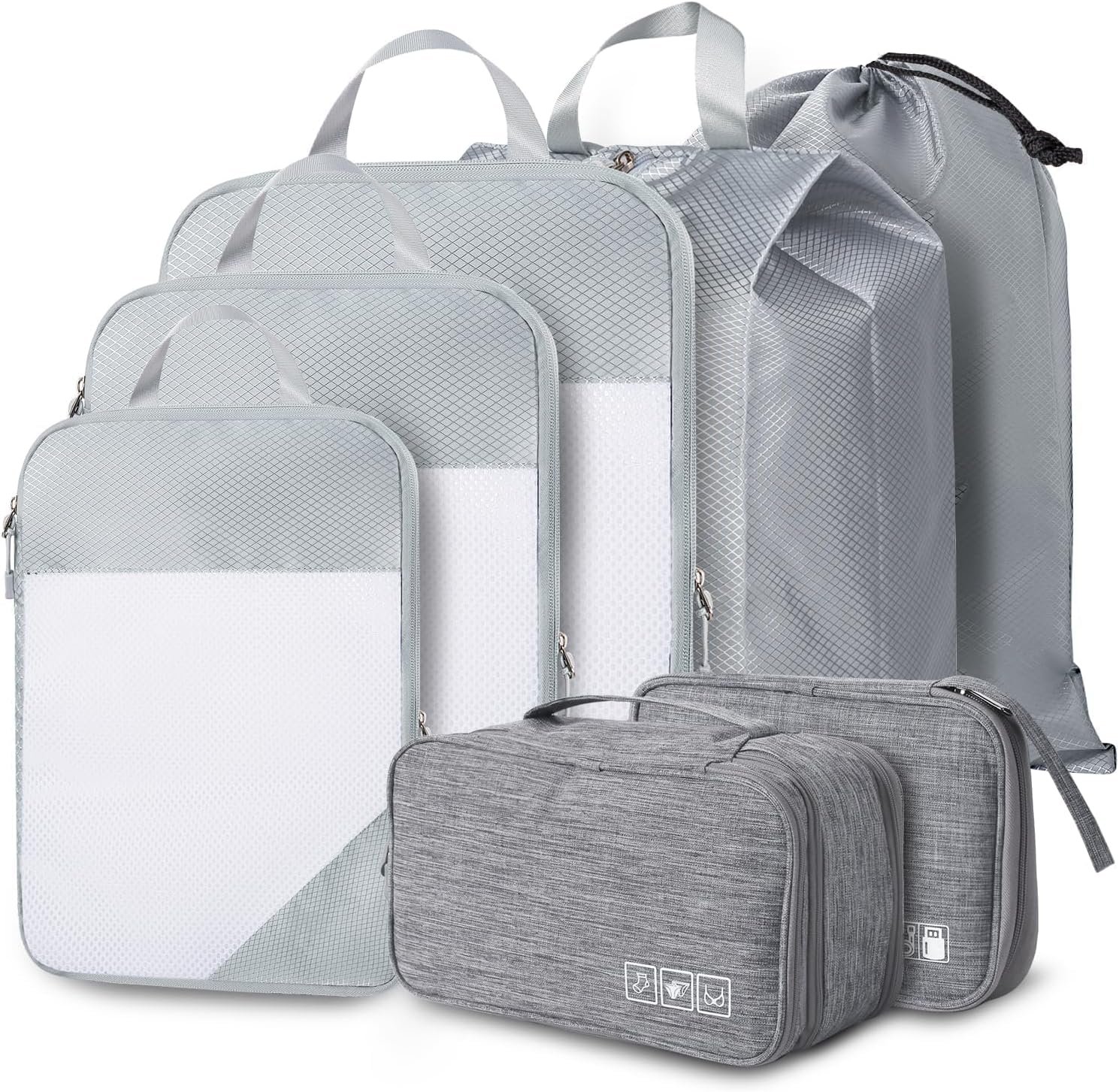 Compression Packing Cubes, 7 Set Packing Cubes for Travel Compression, Lightweight Compressible Package Organizer for Carry On and Suitcases, Light Grey
