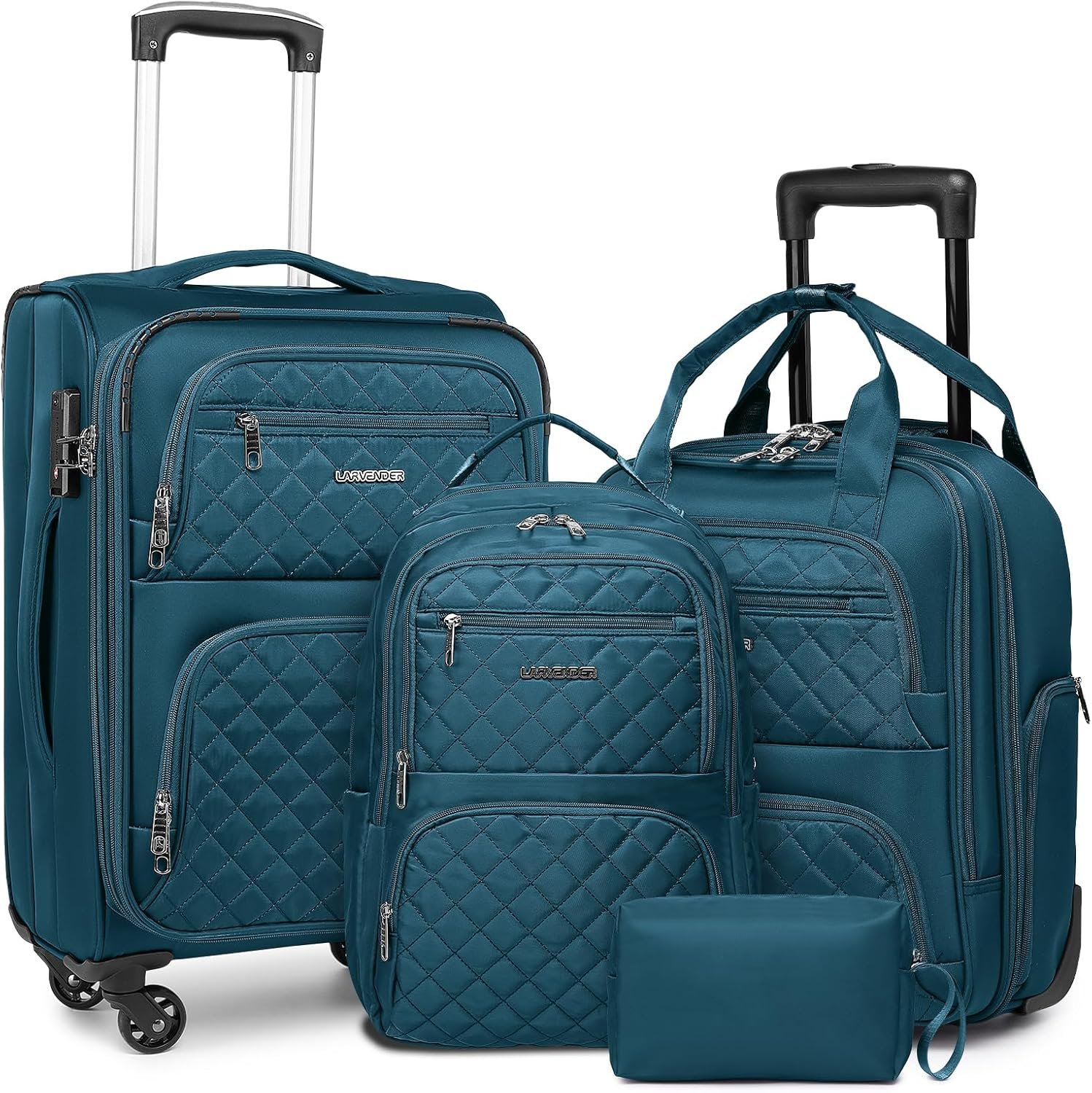 LARVENDER 4 Piece Luggage Set with Spinner Wheels – Expandable Softside Carry On Suitcase 22x14x9 Airline Approved, 16” 20″ Carry On Luggage,TSA Lock, Blue