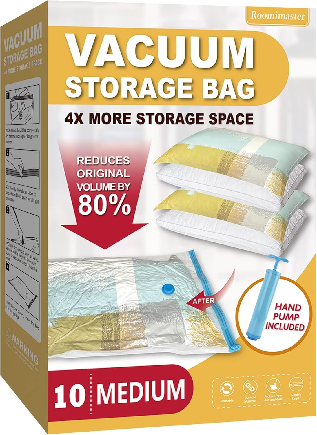 Roomimaster Vacuum Storage Bags, Vacuum Seal Space Saver Bags for Clothing, Travel Lugggage, Carry-on, Blankets, Comforters, Pillow, Bedding, 10 Medium