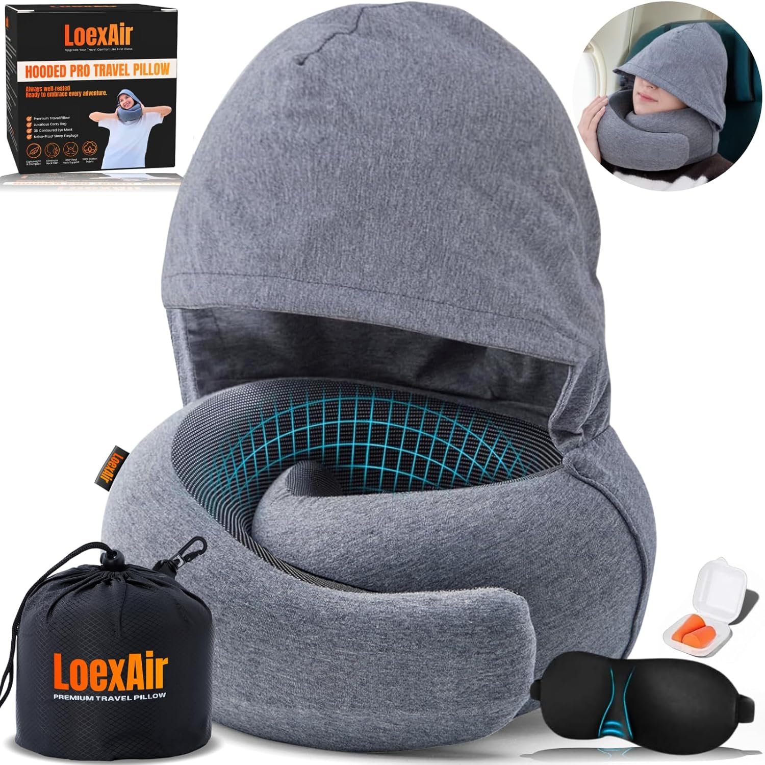 LOEXAIR™ Hooded Pro Travel Pillow – Memory Foam Neck Support Pillow for Airplane, Flight – Super-Soft Pure Cotton Fabric, Maximum Privacy & Light-Block Design, Lightweight Full Travel Kit – Light Grey