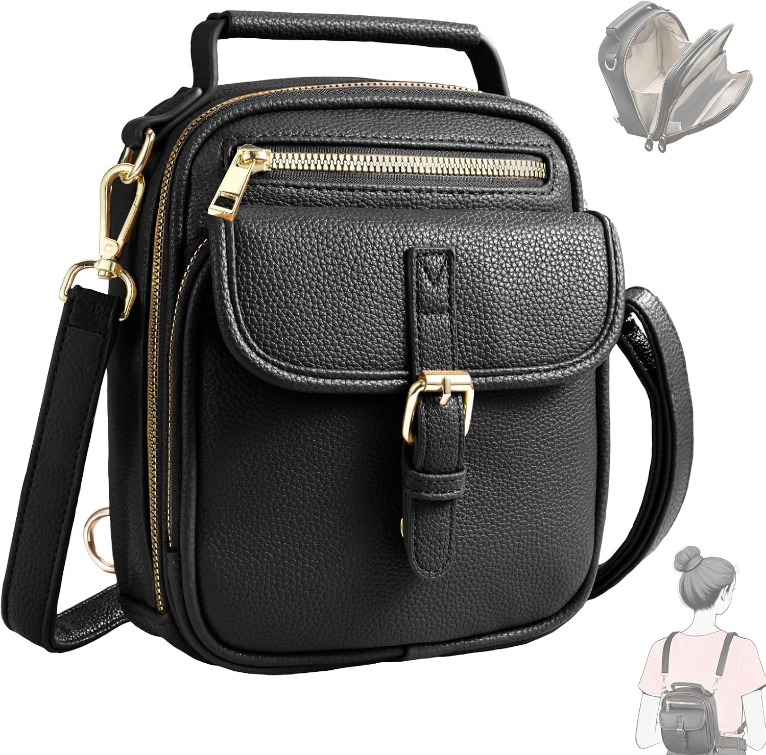Vegan Leather Crossbody Bag for Women with 2 Straps, Small Messenger Bag with Anti Theft Zipper Pocket Vintage Shoulder Bag