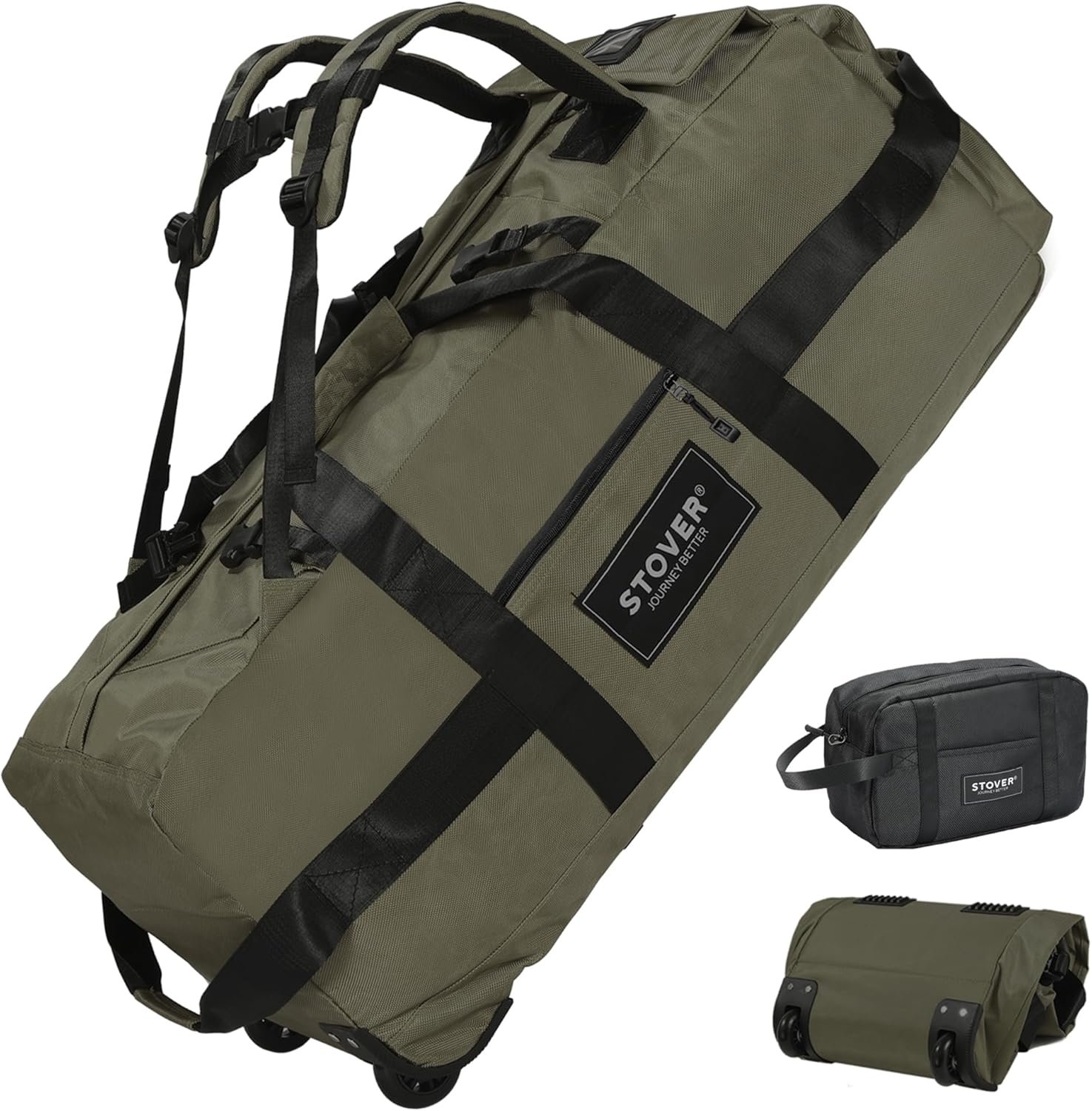 STOVER 45/80/100L Rolling Duffel Bag with Wheels, Large Durable Travel Duffle + Toiletry Bag, Heavy Duty, Packable, Foldable with Shoulder Straps- Use as Luggage or Backpack, Men/Women (Green)