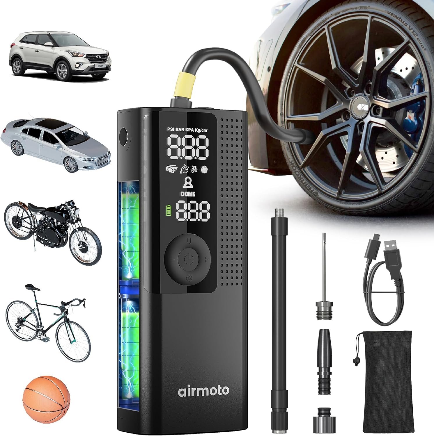 Airmoto Tire Inflator Portable Air Compressor – Air Pump For Car Tires with Digital Pressure Gauge, LED Light and Auto Shut-Off Function – Cordless Pump for Car, Motorcycle, Bicycle, Ball