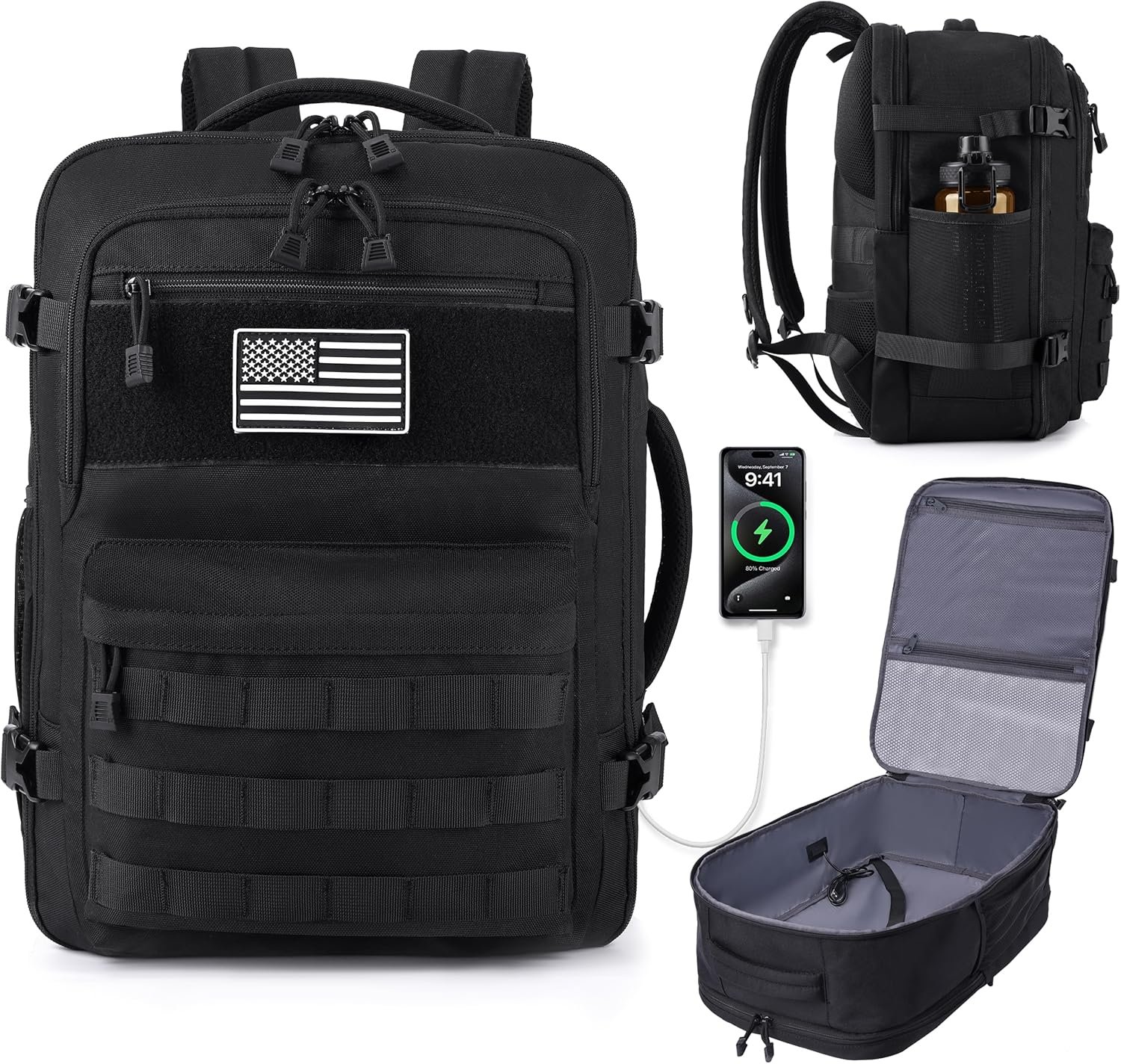 MOZETO TSA Approved Carry On Backpack, Extra Large Tactical Travel Backpack for Men, Airplane Approved Weekender Bag, Water Resistant Lightweight Laptop Daypack for Flight, Black