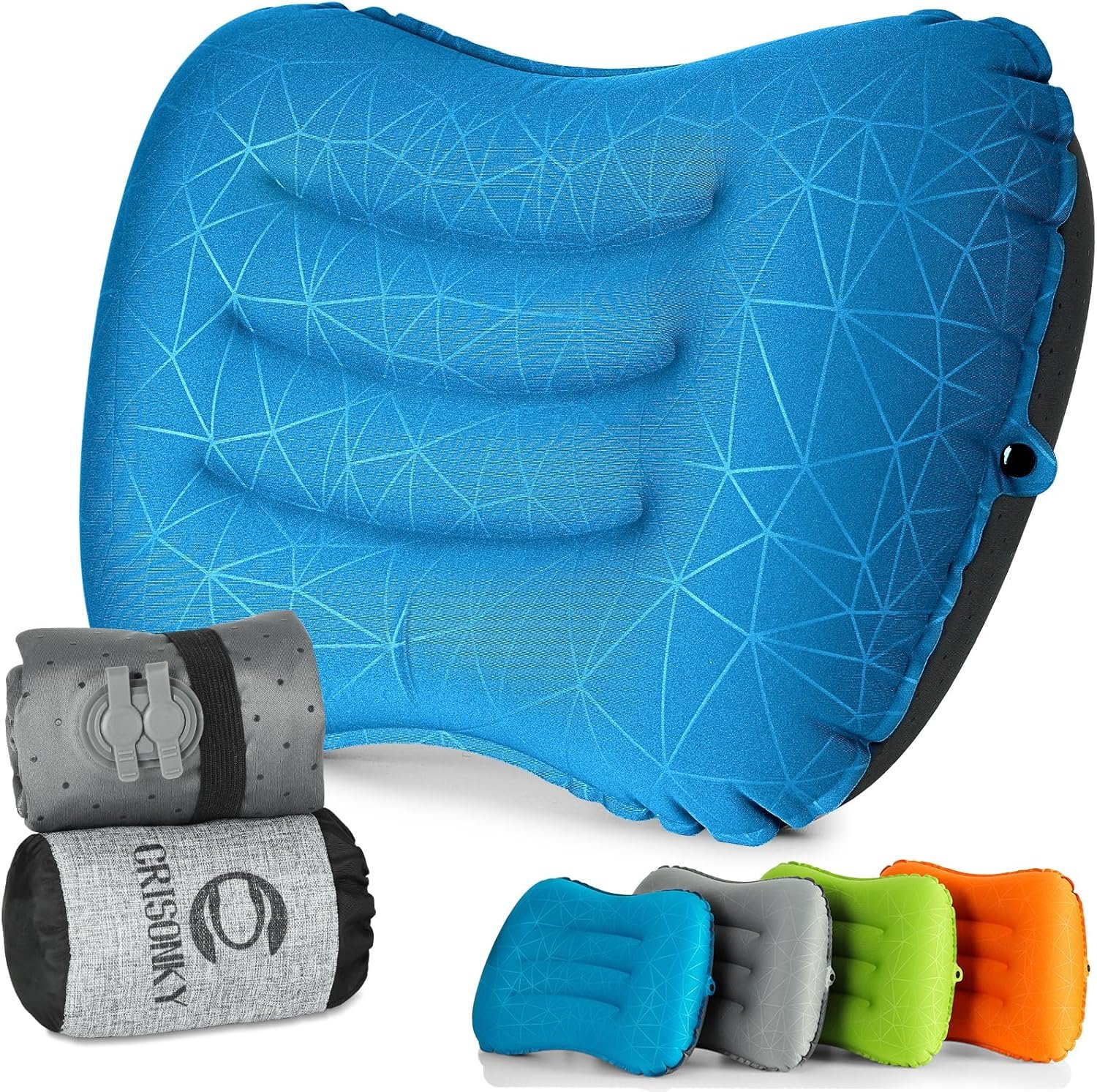 Crisonky Camping Pillow – Inflatable Pillow – Travel Pillows for Backpacking & Airplane, Lumbar Support 2.0 Blow Up Pillow, Ultralight Compressible, Comfortable, Ergonomic Pillows