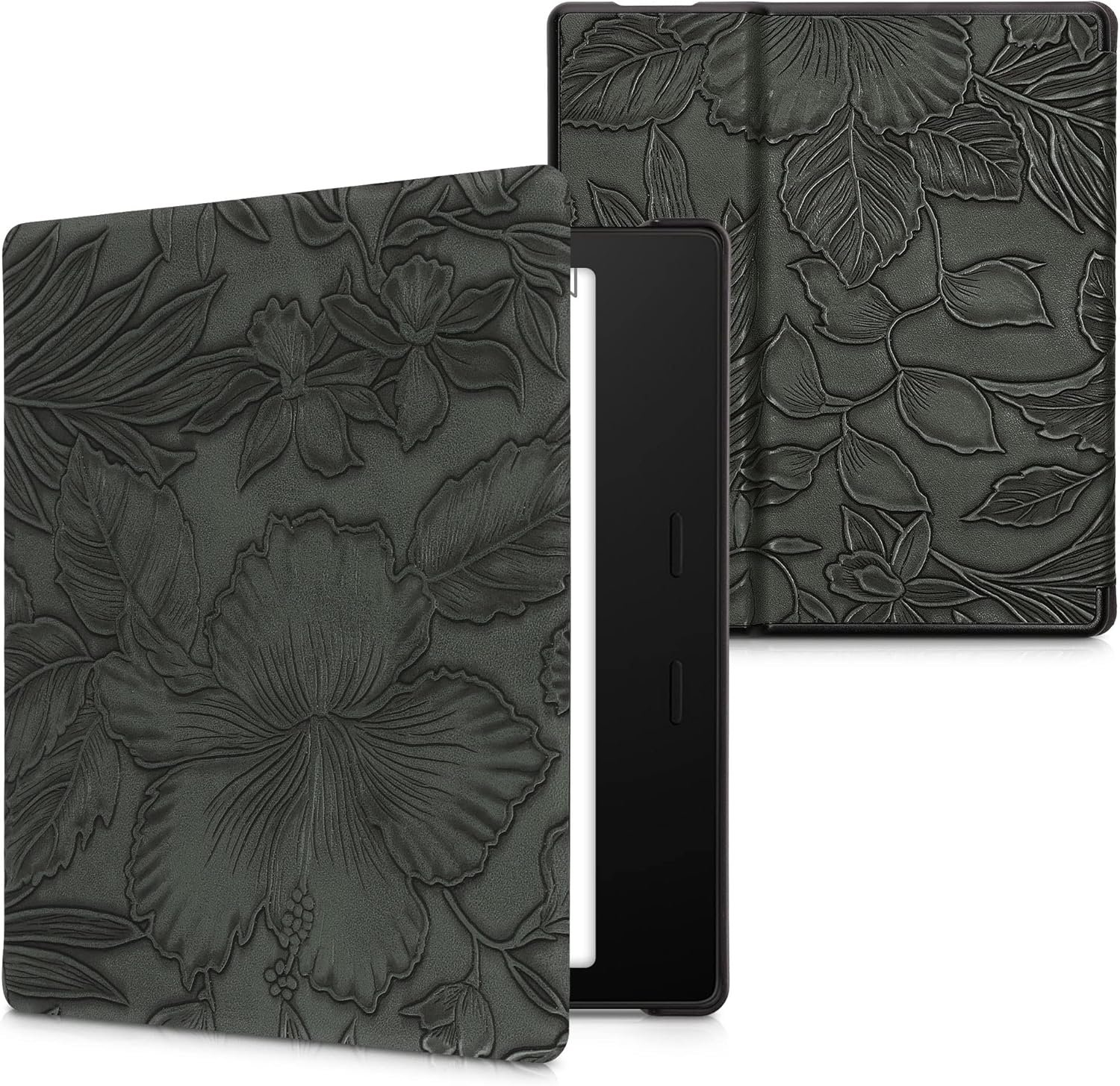 kwmobile Case Compatible with Amazon Kindle Oasis 10. Generation Case – eReader Cover – Embossing Flowers Green