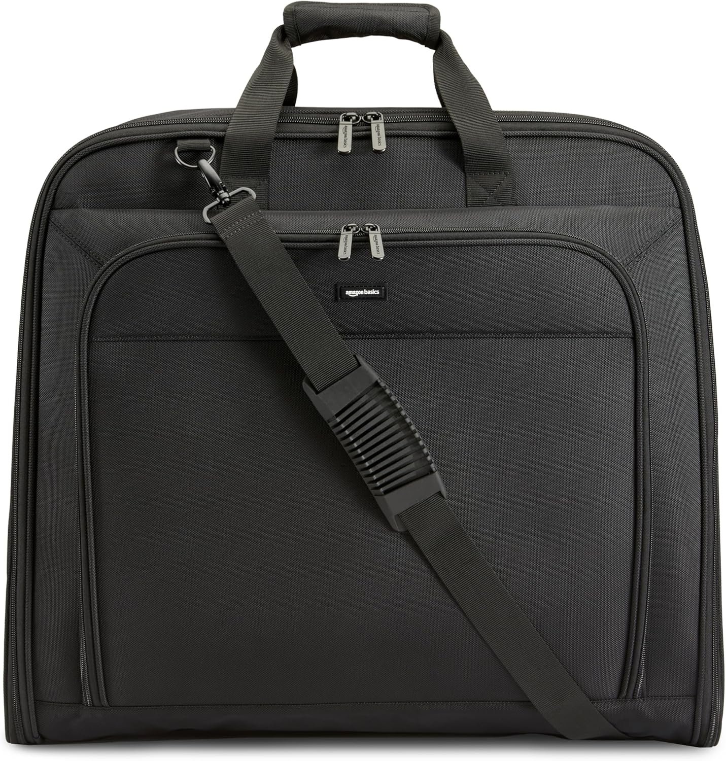 Amazon Basics 43″ Travel Garment Bag Travel, Spacious Suit Bag with Detachable Shoulder Strap, Exterior/Interior Pockets, Imitation leather-reinforced Corners, Trifold, Black