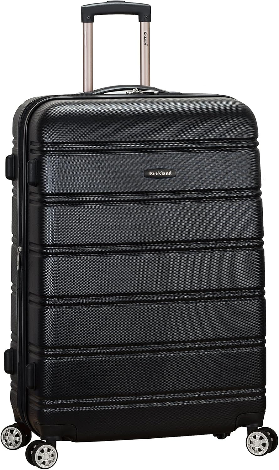 Rockland Melbourne Hardside Expandable Spinner Wheel Luggage, Checked Large 28″, Black