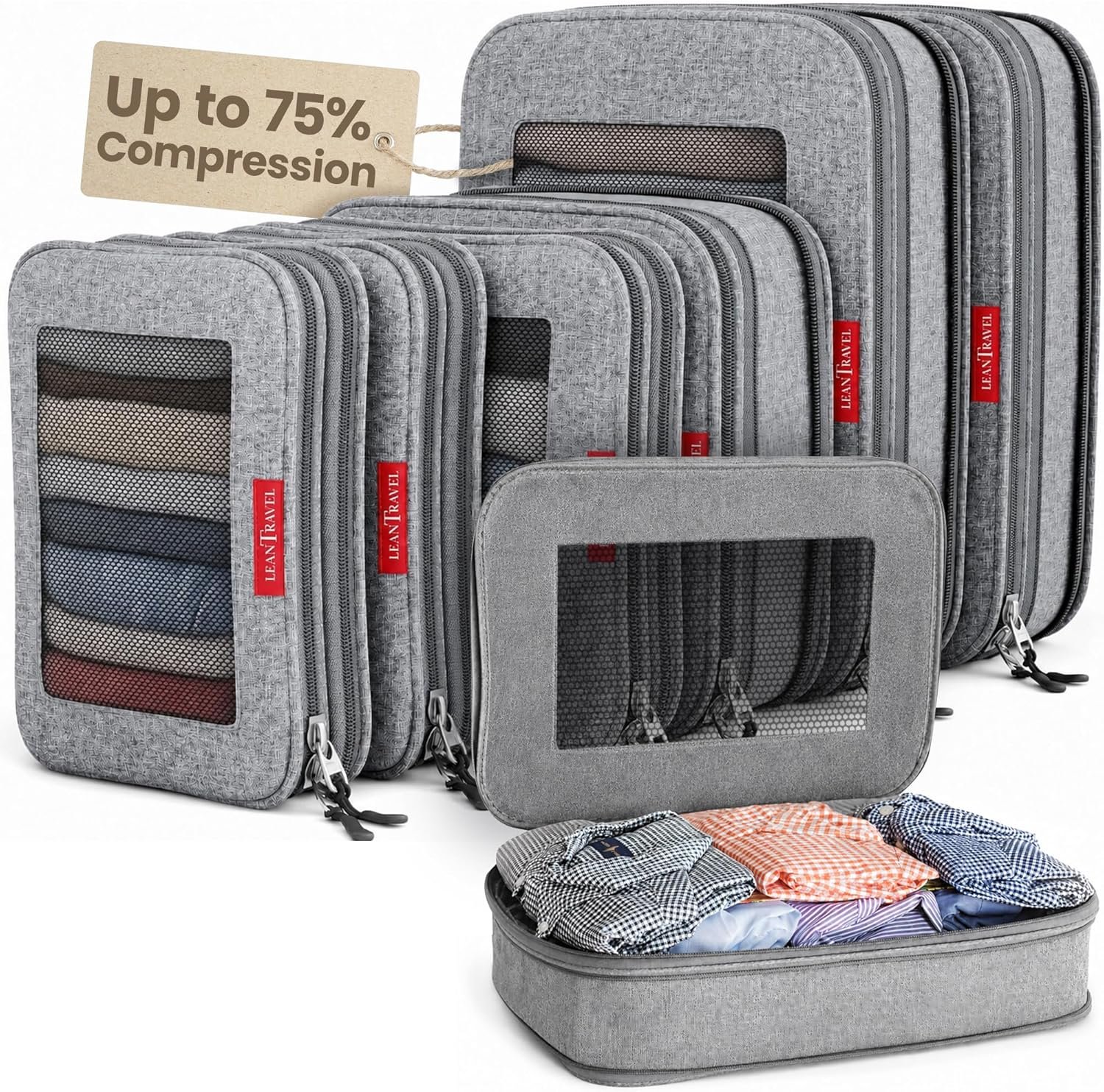 LeanTravel Premium Compression Packing Cubes for Travel – Suitcase Organizer Bags with Double Zipper & Breathable Mesh Panel – Space Saving Carry On Luggage Essentials (6-Pack, Grey)