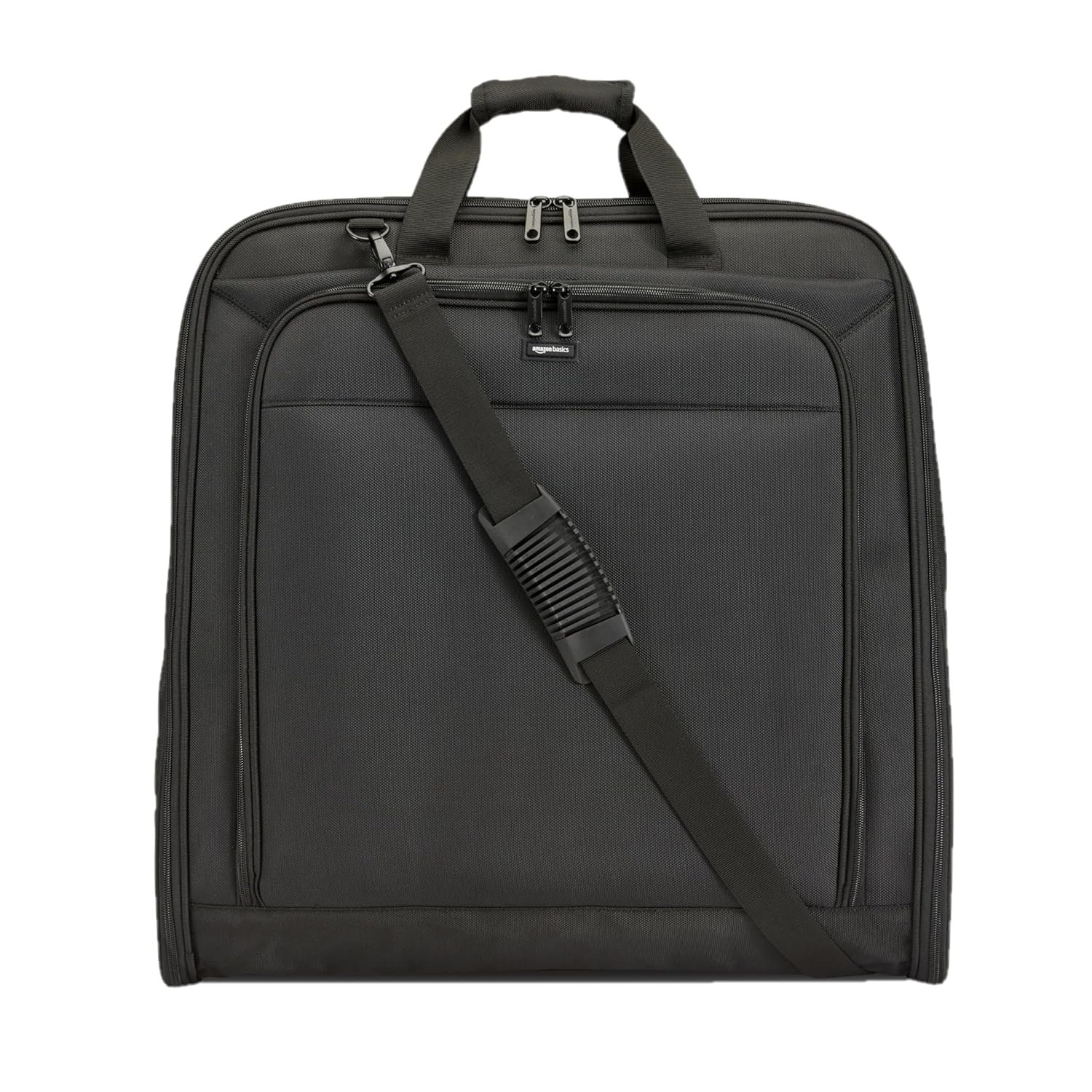Amazon Basics 46″ Premium Garment Bag for Travel, Suit Bag with Shoulder Strap for Suits and Dresses, 1680D Polyester Fabric, Exterior/Interior Pockets, Leather-reinforced Corners, Trifold, Black