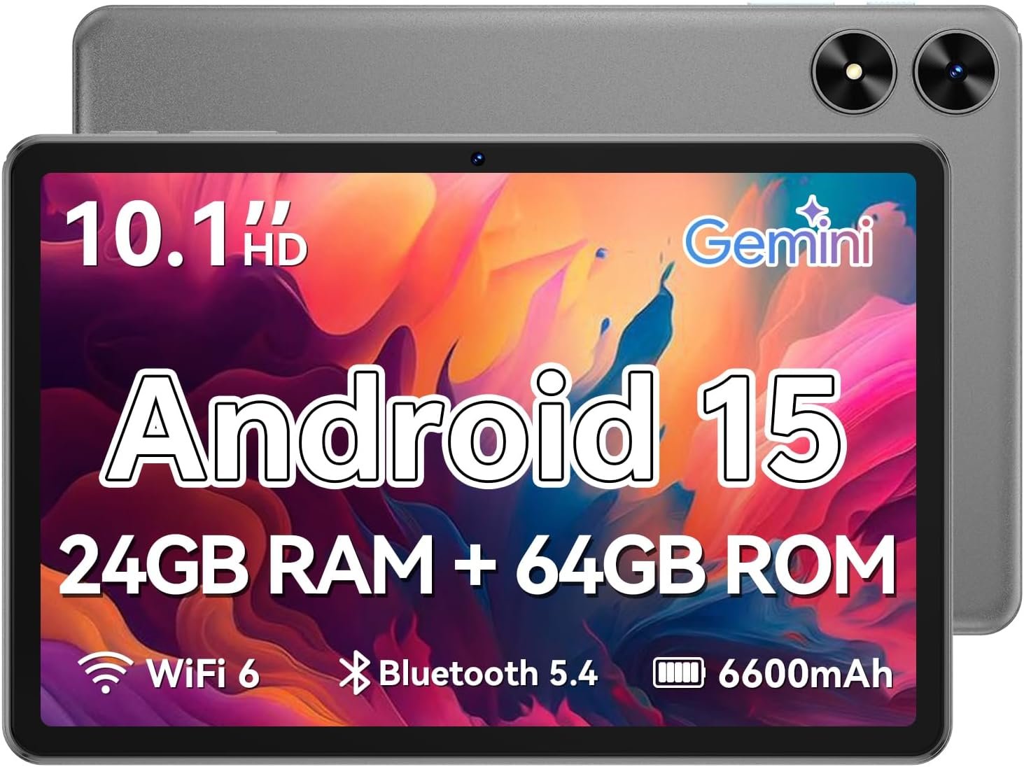 Tablet 10.1 inch, Android Tablet with Case, Gray | 24GB RAM + 64GB ROM 1 TB Expandable, 1280×800 HD IPS Touch Screen, 6600mAh Battery, WiFi 6, BT 5.4, Dual Camera