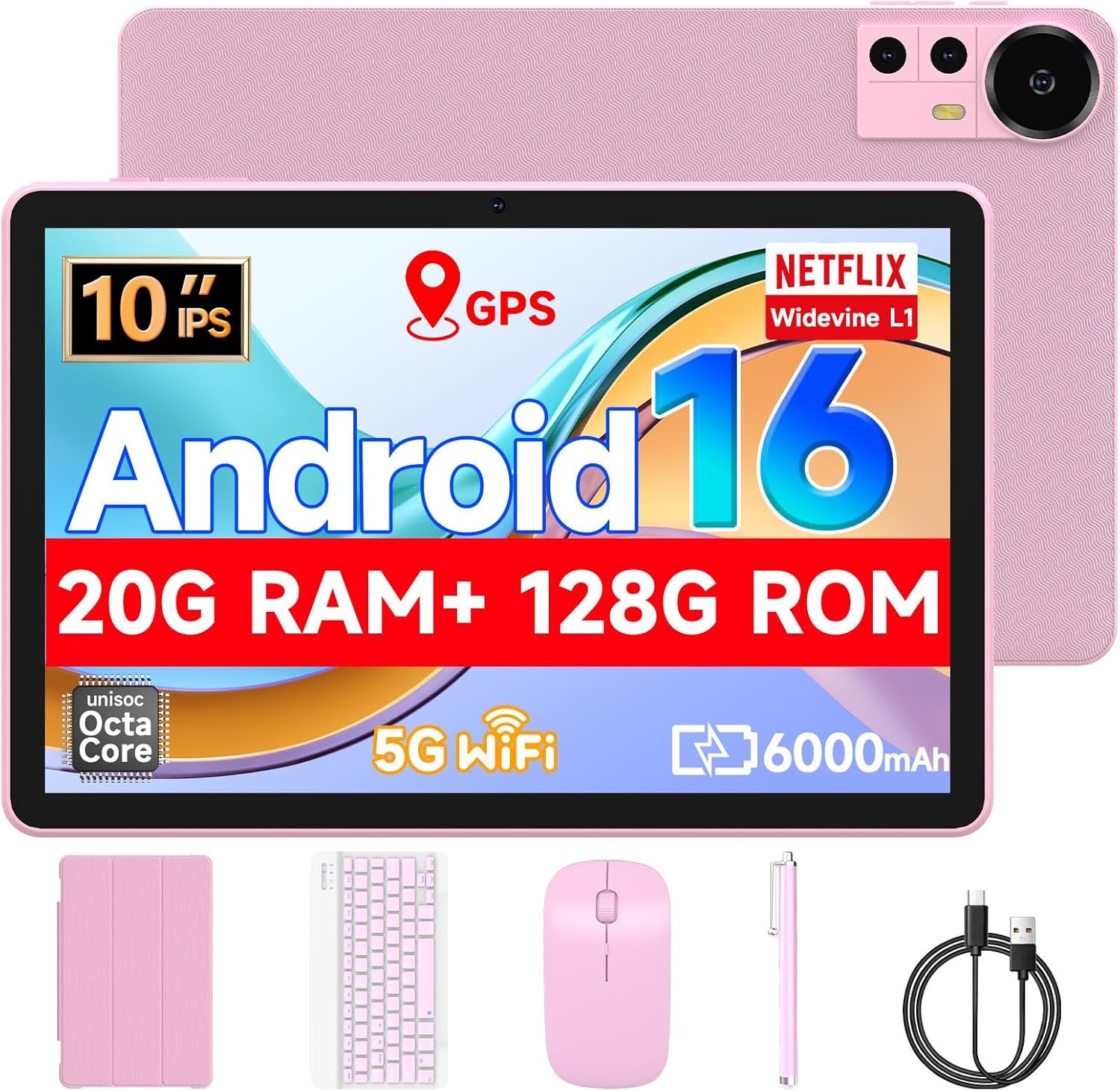 Tablet 10.1Inch Android 16.0, RAM 20GB(4+16Expand)+ROM 128GB, 6000mAh Battery, 2+8MP Dual Camera, 1280 * 800 IPS HD Touch Screen Tab PC Set with Keyboard+Mouse+Protective Case+Stylus (Pink)